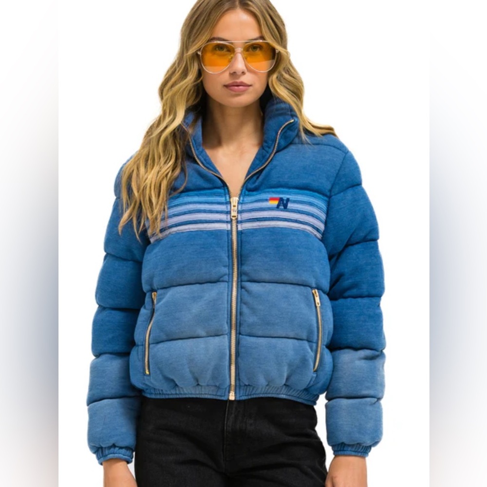 Aviator Nation 5 STRIPE FADED APRES JACKET - FADED WATER size M NWT